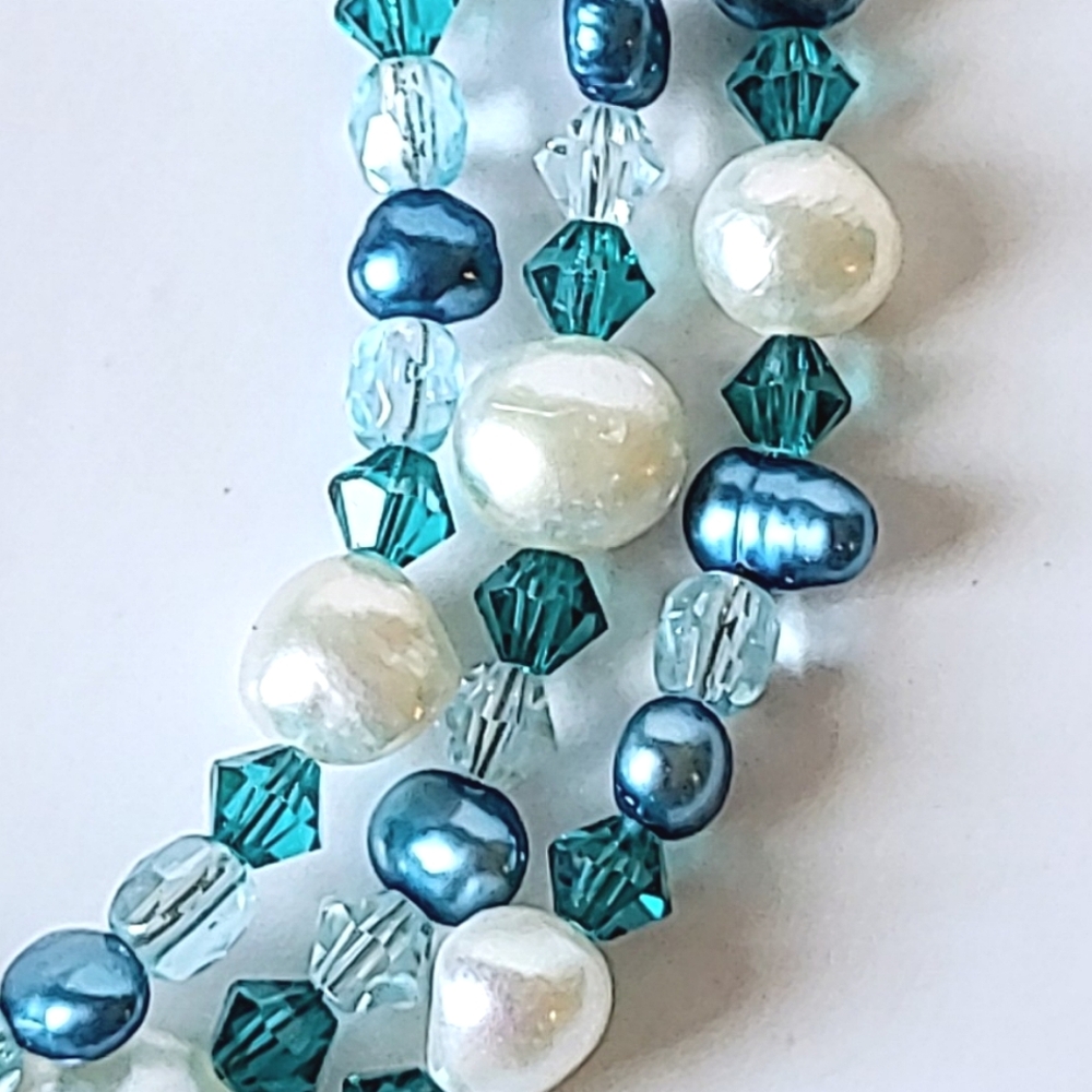 BLUE & WHITE PEARL & AQUA CRYSTAL NECKLACE - TRIPLE STRAND, STERLING CLASP - Picture 4 of 10
